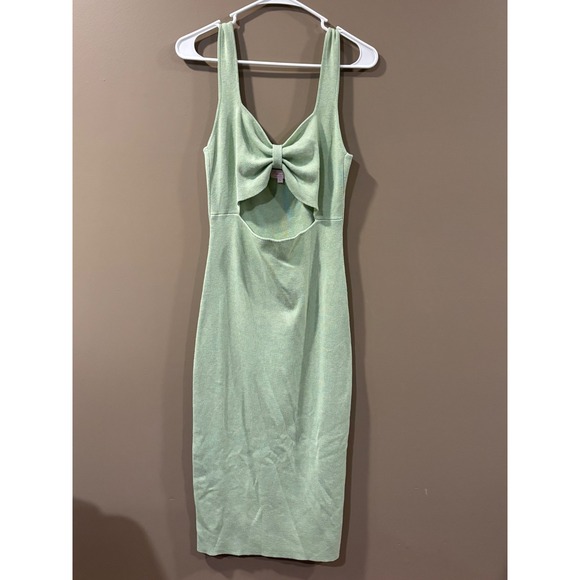 Pink Lily Dresses & Skirts - Pink Lily Sage Green Ribbed Knit Bow Front Cutout Midi Dress Size Large